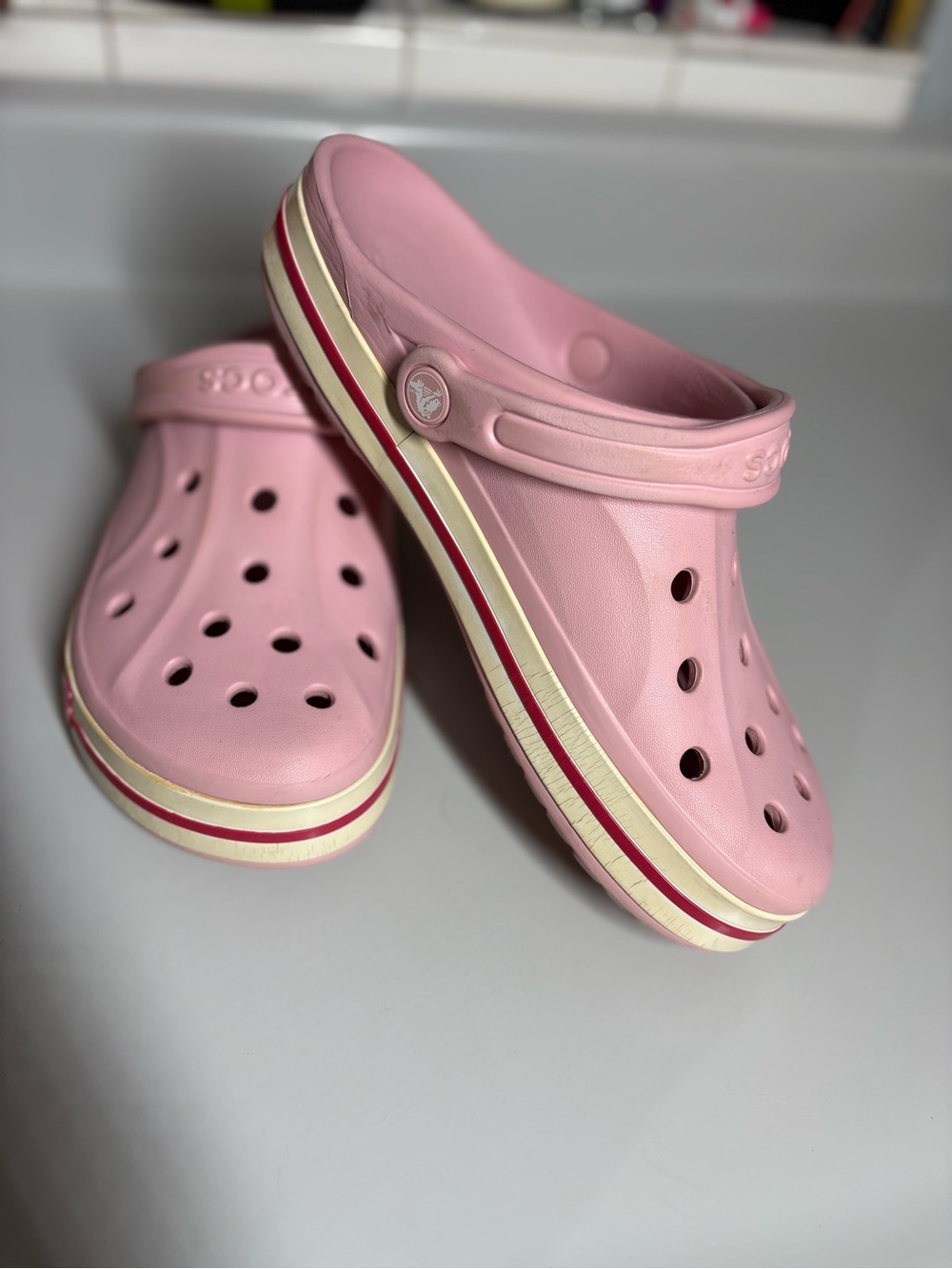 CROCS Kids Pink Classic Clog with Cream & Red Trim